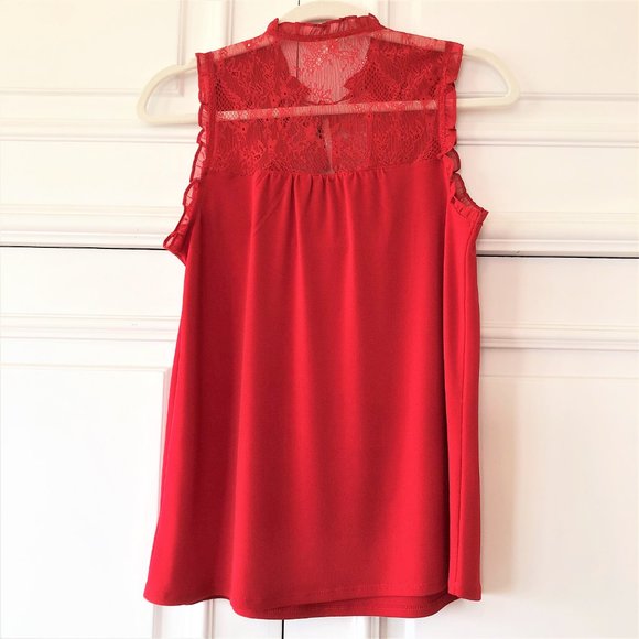 Vivid Red Lace Bib-Front Flowy & Drapey Blouse XS - Picture 4 of 16